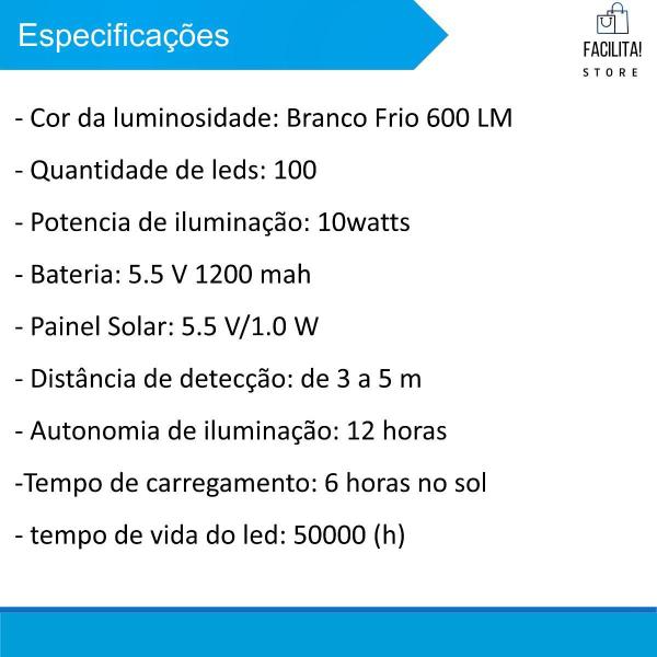 Imagem de Kit 5 Luminárias Solar 100 Leds Prova Dágua Sensor Presença