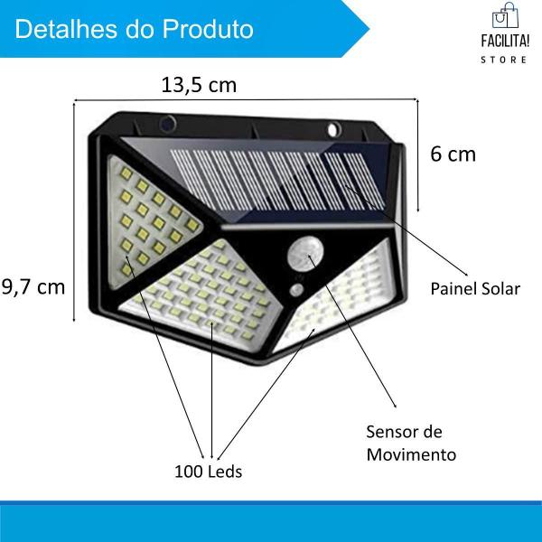 Imagem de Kit 5 Luminárias Solar 100 Leds Prova Dágua Sensor Presença