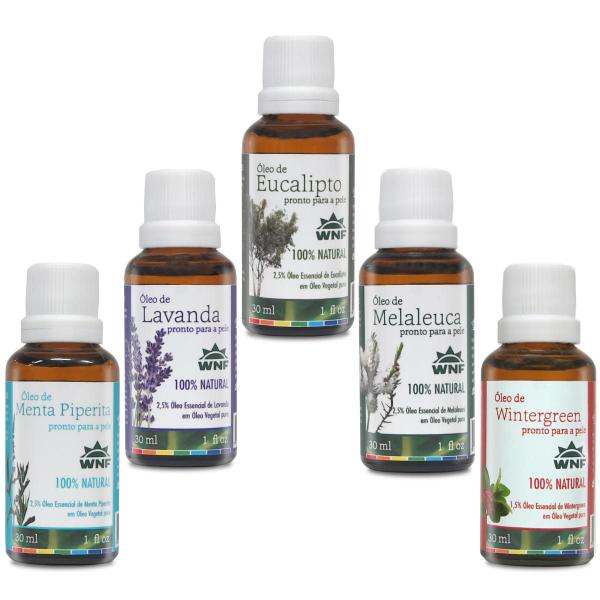 Imagem de Kit 5 Óleo Pronto Para a Pele WNF 30ml: Lavanda, Melaleuca ( Tea Tree), Menta Piperita, Wintergreen e Eucalipto