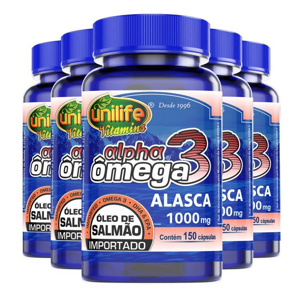 Imagem de Kit 5 Ômega 3 Alpha Óleo de Salmão Unilife 1000mg 150 Cápsulas