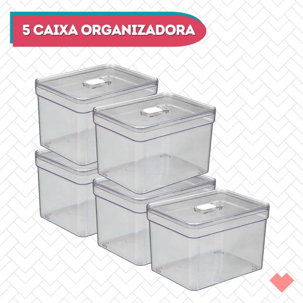 Imagem de Kit 5 Organizadores Quadrado Com Cesta E Tampa Acrilico Multiuso