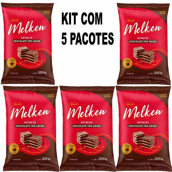 Imagem de Kit 5 Pacotes Chocolate Melken 70% Gotas 1,010kg Harald