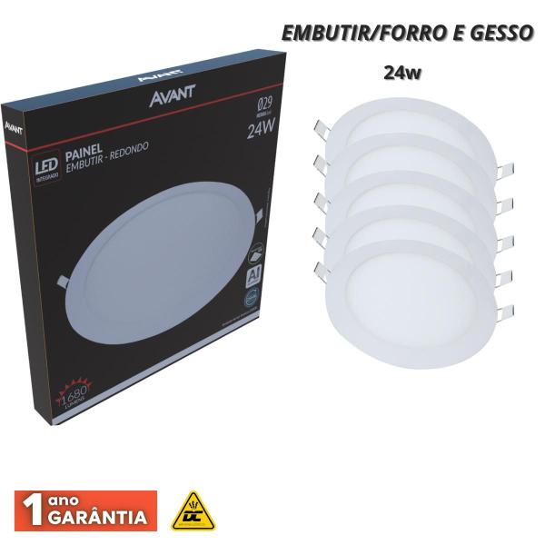 Imagem de Kit 5 painel led aluminio embutir redondo 24w avant