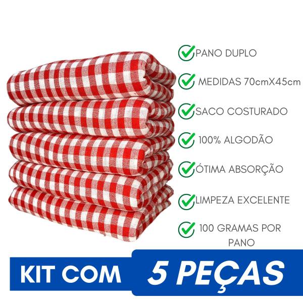 Imagem de Kit 5 Pano De Chão Xadrez Vermelho Grosso 96Gr - Tam 70X45