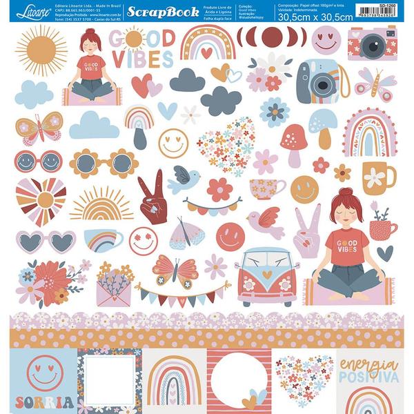 Imagem de Kit 5 Papel Scrapbook Dupla Face Good Vibes Sd-1260 30,5x30,5cm Litoarte