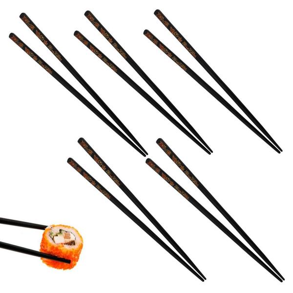 Imagem de Kit 5 Pares de Hashi para Comida Japonesa em Poliestireno 22 Cm Preto Decorado  Nihon Shikko 