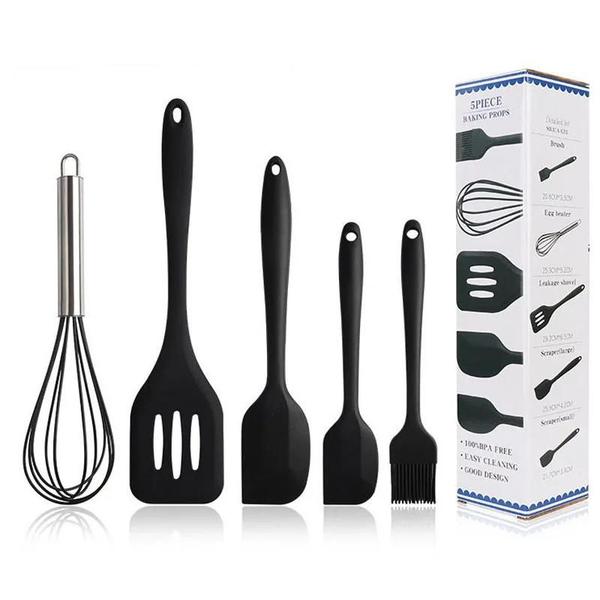 Imagem de Kit 5 Peças De Cozinha Silicone Cabo Inox Versátil Doméstico