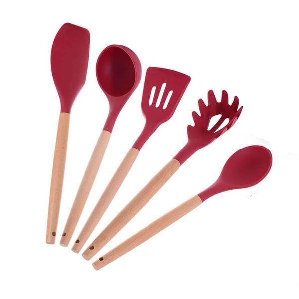 Imagem de Kit 5 Peças Utensílios Silicone Bambu Espátula e Colheres