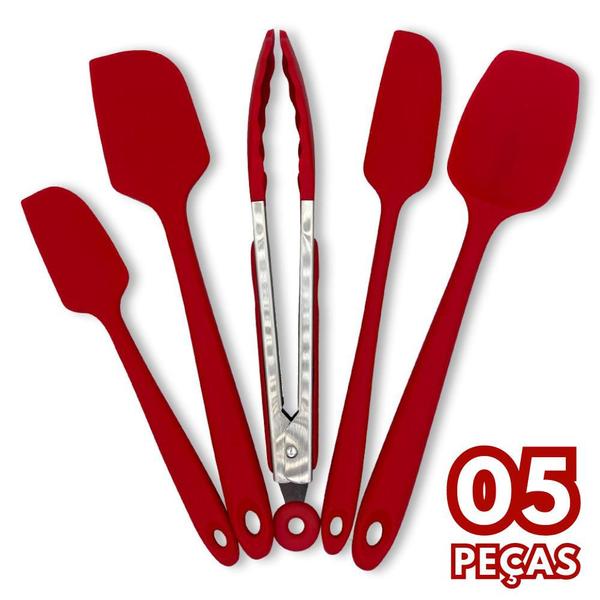 Imagem de Kit 5 Peças Utensíliso de Silicone Vermelho Conjunto De Espátulas e Pegador Unyhome Cozinha