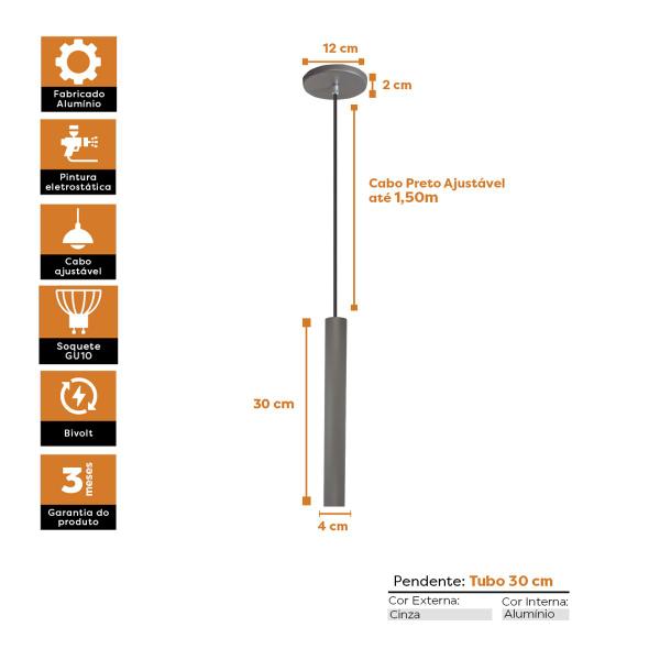 Imagem de Kit 5 Pendente Luminária Tubo Cinza 30 Cm