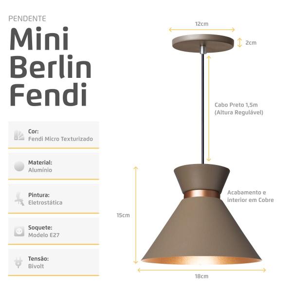 Imagem de Kit 5 Pendente Lustre Luminária Berlin 15cm Fendi