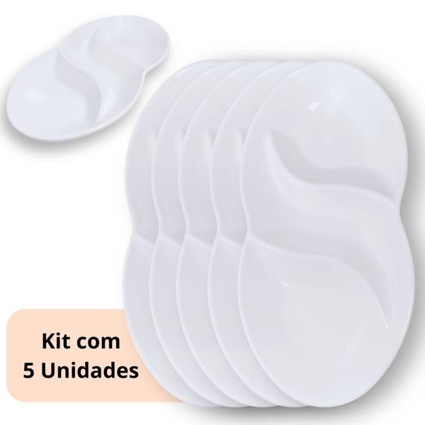 Imagem de Kit 5 Petisqueiras 25,5 Cm Branca 3 Divisorias Prato Formato em Folha Melamina Premium  Bestfer 