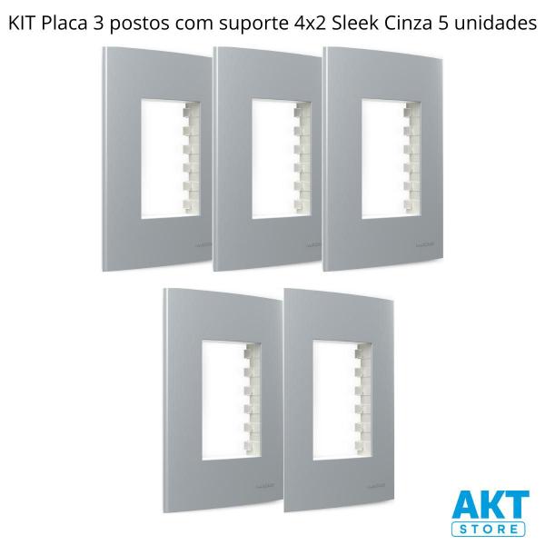 Imagem de Kit 5 Placa 4x2 3 Postos com Suporte Cinza Sleek Margirius