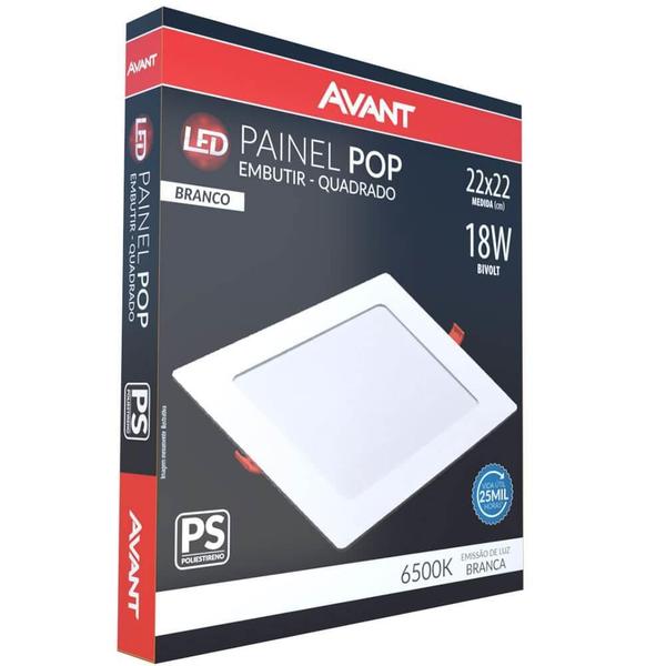 Imagem de Kit 5 Plafon Painel de Led Avant Pop 18W Branco 6500K 1080 Lúmens Quadrado de Embutir 22x22cm Bivolt