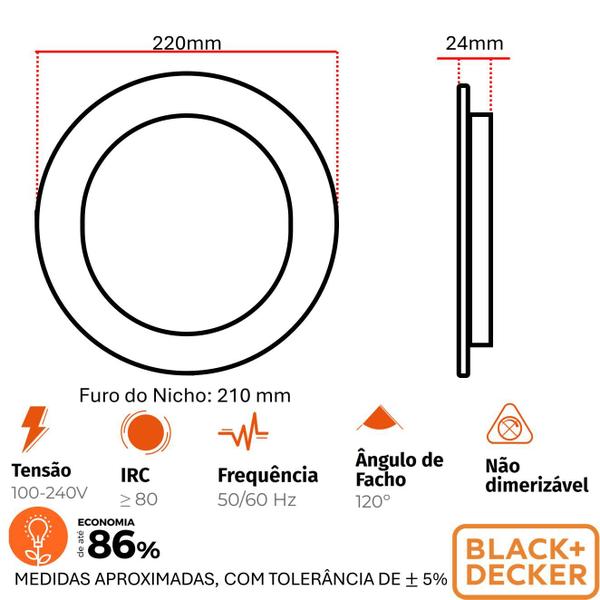 Imagem de Kit 5 Plafon Preto Redondo Embutir 18w Branco Quente 3000k