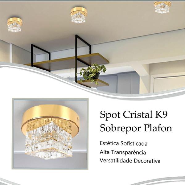 Imagem de Kit 5 Plafon Spot Cristal Sobrepor Dourado Polido Banheiro