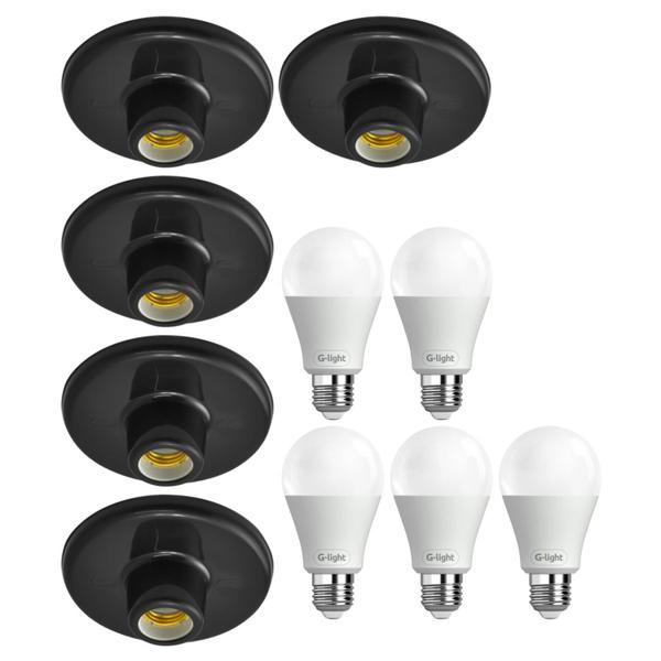 Imagem de Kit 5 Plafonier Decorativo De Teto Soquete De Porcelana E27 Plafon Preto Com 2 Lampada De Led 15W Luz Branca Autovolt