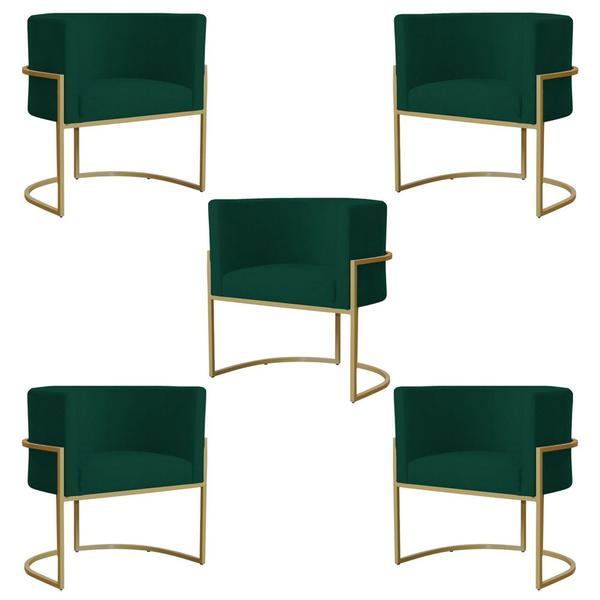 Imagem de Kit 5 Poltronas Decorativa Sala de Estar Luana Base Gold Suede Verde - Montanaris Decor