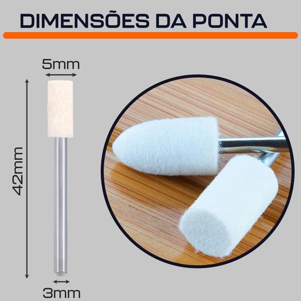 Imagem de Kit 5 Ponta Montada de Feltro 5mm Cilíndrica Haste 3mm Polir