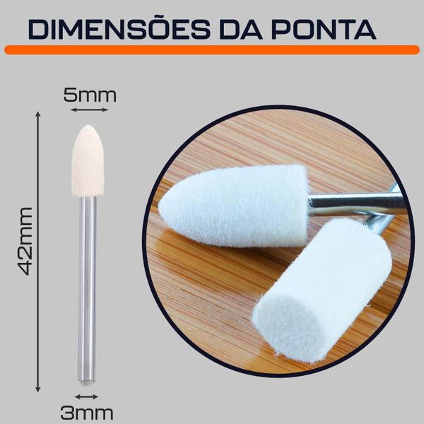 Imagem de Kit 5 Pontas Montadas 4 A 10Mm Cônica Feltro Haste 3Mm Polir