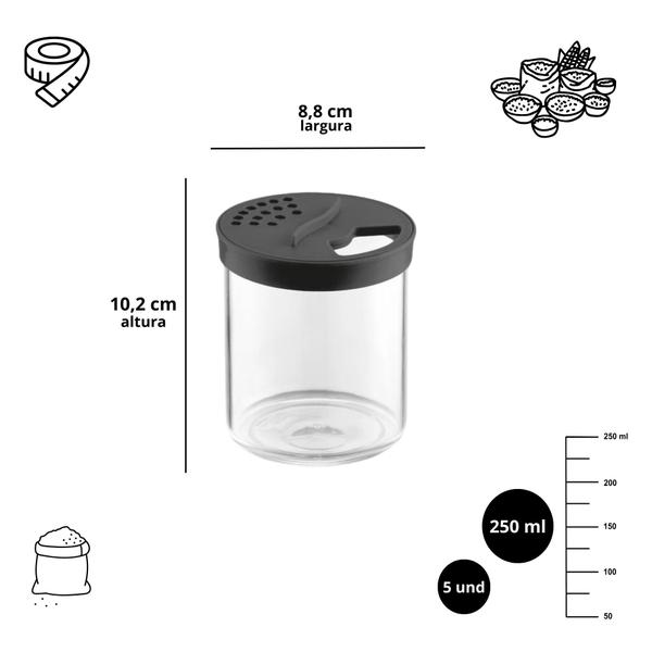 Imagem de Kit 5 Porta Farinheiro 250 C/ Tampa Multiuso Dosador Prático Design Sofisticado Condimentos Temperos Resistente