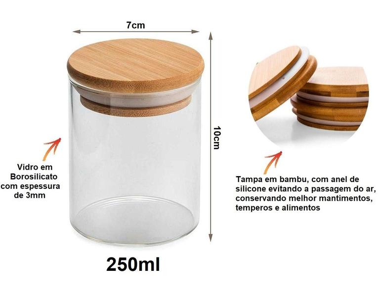 Imagem de Kit 5 Pote De Vidro 250ml Hermético Redondo Com Tampa Bambu Porta Mantimentos Tempero Marmita 