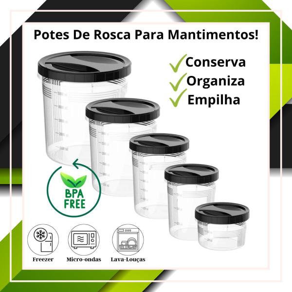 Imagem de Kit 5 Potes De Mantimentos Plástico Com Tampa Porta Alimentos