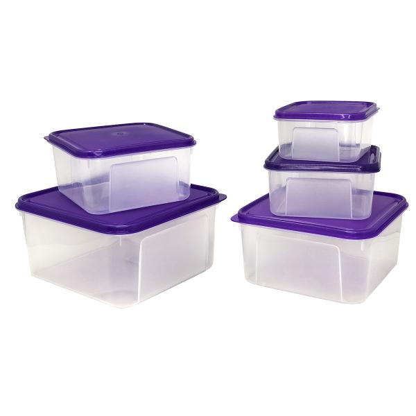 Imagem de Kit 5 Potes De Plástico Quadrados Transparente Com Tampa Cozinha Recipientes Armazenar Alimentos