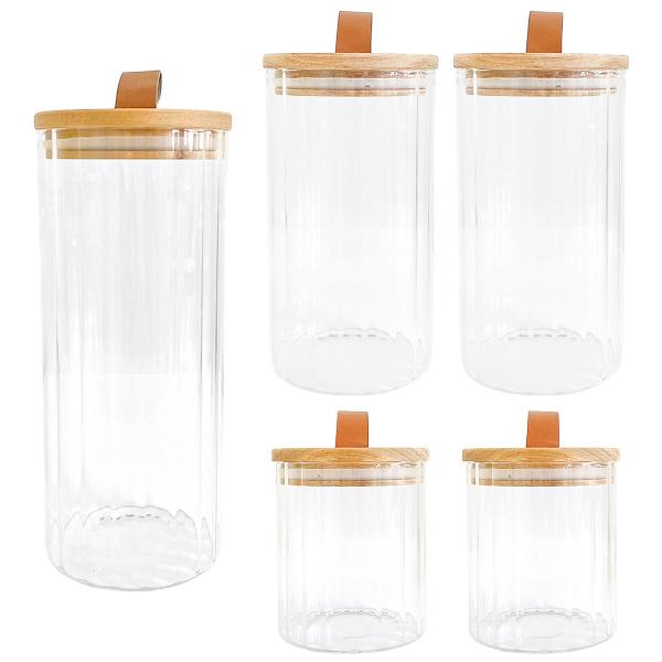 Imagem de Kit 5 Potes De Vidro Com Tampa Bambu Para Mantimentos 700ml / 1l / 1,3l Redondo Canelado Design Alça De Couro Hermético