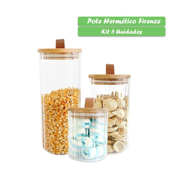 Imagem de Kit 5 Potes De Vidro Com Tampa Bambu Para Mantimentos 700ml / 1l / 1,3l Redondo Canelado Design Alça De Couro Hermético