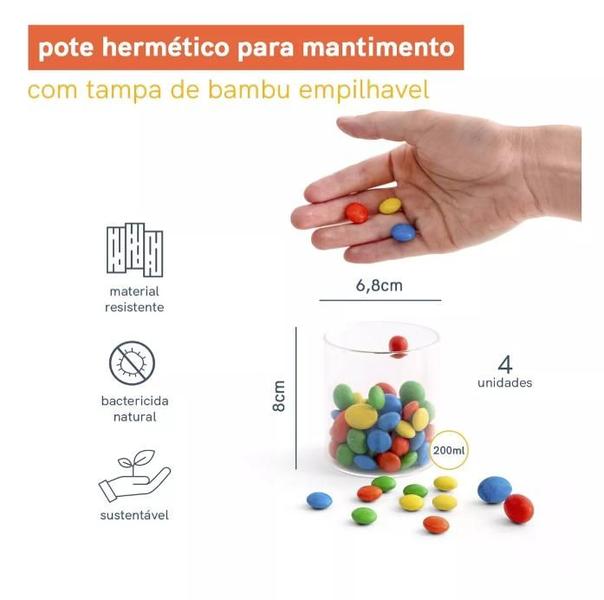 Imagem de Kit 5 Potes de vidro com tampa de bambu herméticos empilháveis 200ml