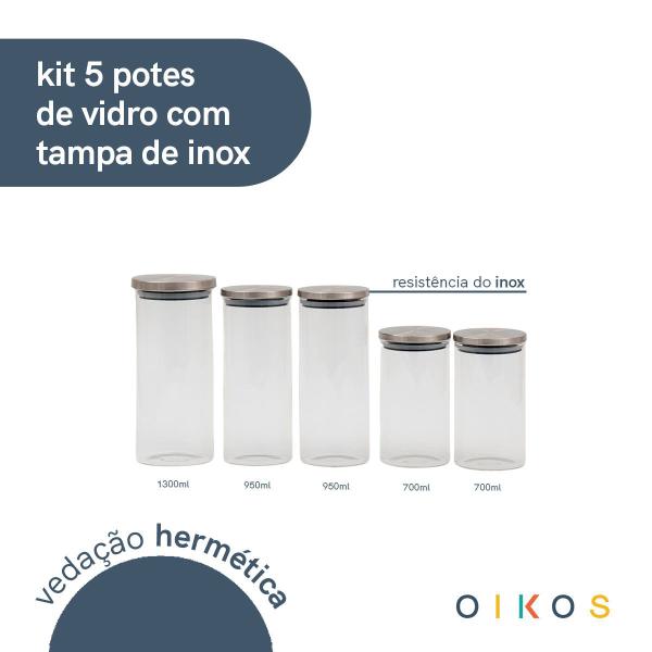 Imagem de kit 5 potes de vidro com tampa de inox redondo 700ml, 950ml, 1,3L - oikos