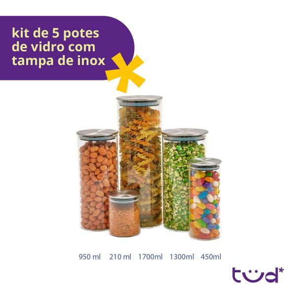 Imagem de Kit 5 potes de vidro com tampa inox hermético redondo - Tud