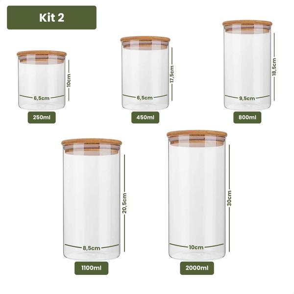 Imagem de Kit 5 Potes de Vidro Herméticos Transparente Resistente Tampa Bambu