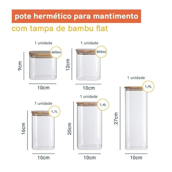 Imagem de Kit 5 Potes Flat Mantimento Quadrados Maxi Vidro Tampa Bambu