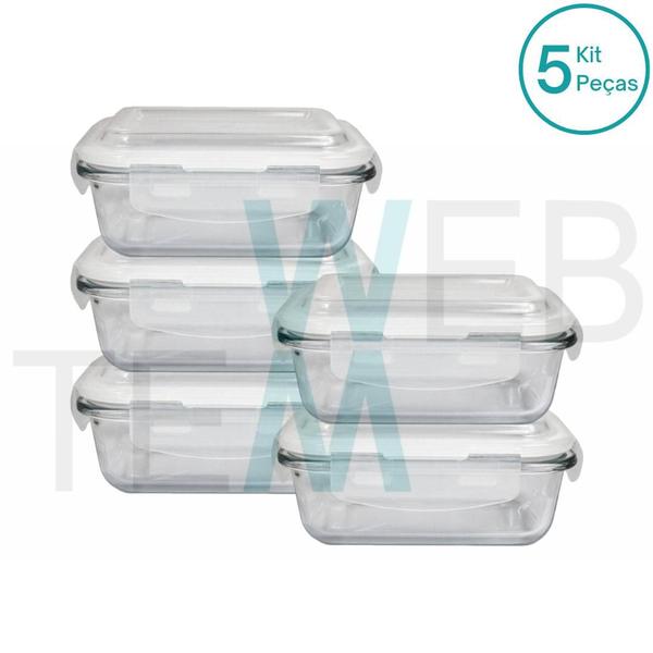 Imagem de Kit 5 Potes Herméticos Marmita de Vidro Retangular 640ml Tampa BPA Free: Armazenar Alimento e Organização de Casa com Sustentabilidade e Praticidade