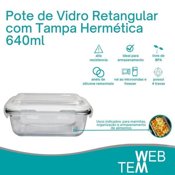 Imagem de Kit 5 Potes Herméticos Marmita de Vidro Retangular 640ml Tampa BPA Free: Armazenar Alimento e Organização de Casa com Sustentabilidade e Praticidade