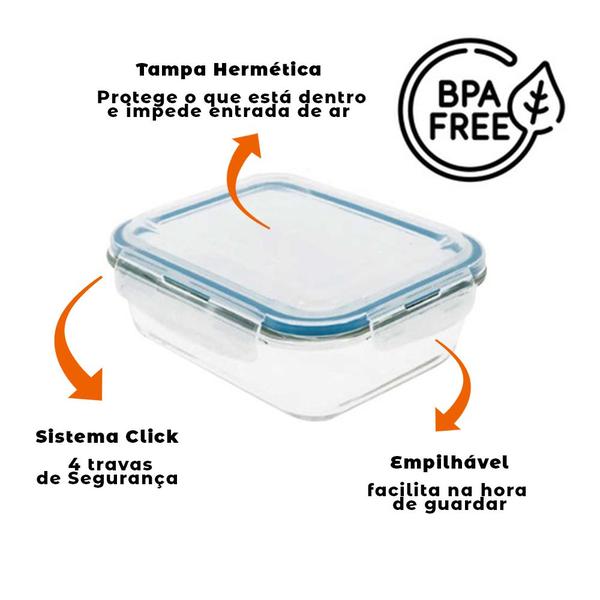 Imagem de Kit 5 Potes Herméticos Retangulares Marmita De Vidro 600 ml Limpeza Fácil Ecológico Livre de BPA