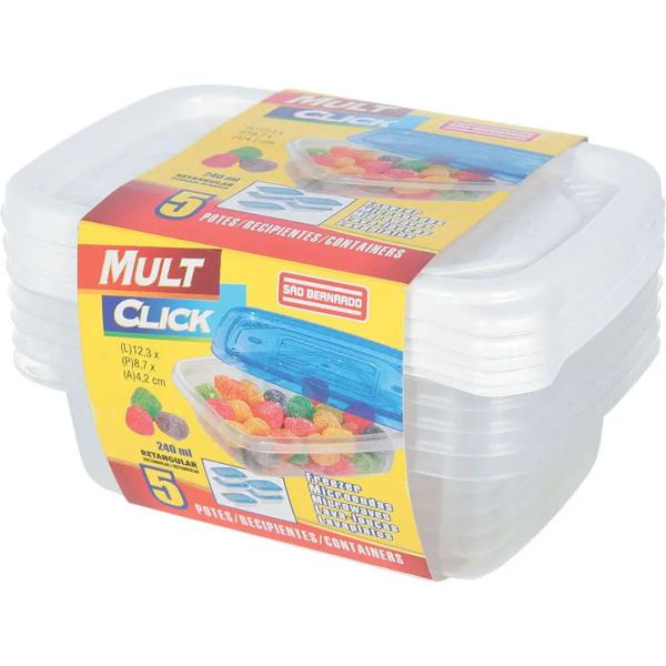 Imagem de Kit 5 Potes Para Alimentos 240 ml Transp. Com Tampa Multiuso