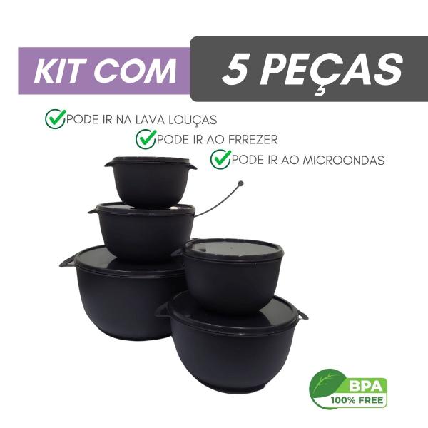 Kit 5 Potes Plastico Redondos Bowl Livre Bpa Cor:PRETO