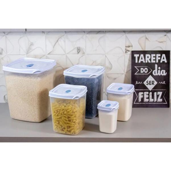 Imagem de Kit 5 Potes Porta Mantimentos Jogo de Potes Plástico Quadrado Para Conjunto de Potes Para Cozinha Pote de Arroz Capacidade de 5Kg ou 8 Litros Plasvale