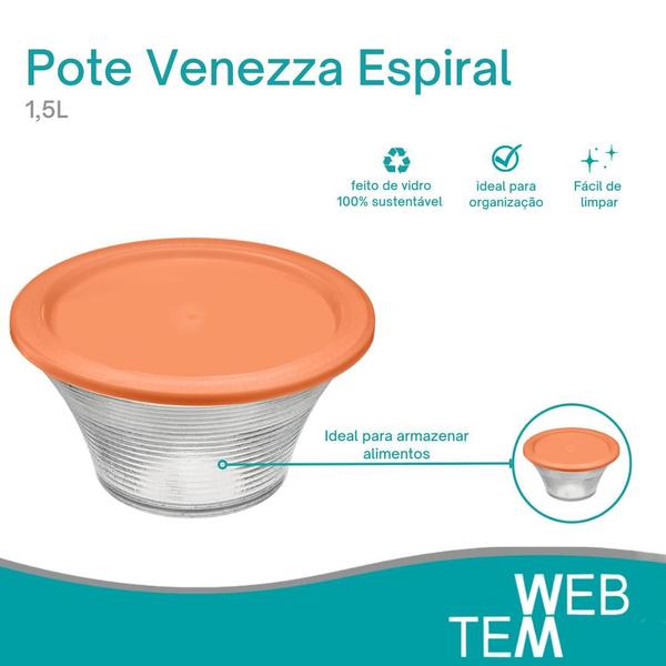 Imagem de Kit 5 Potes Tigela Saladeira de Vidro com Tampa Venezza Espiral 1,5L Vitazza: Para Servir e Organização de Cozinha e Geladeira Opção Sustentável