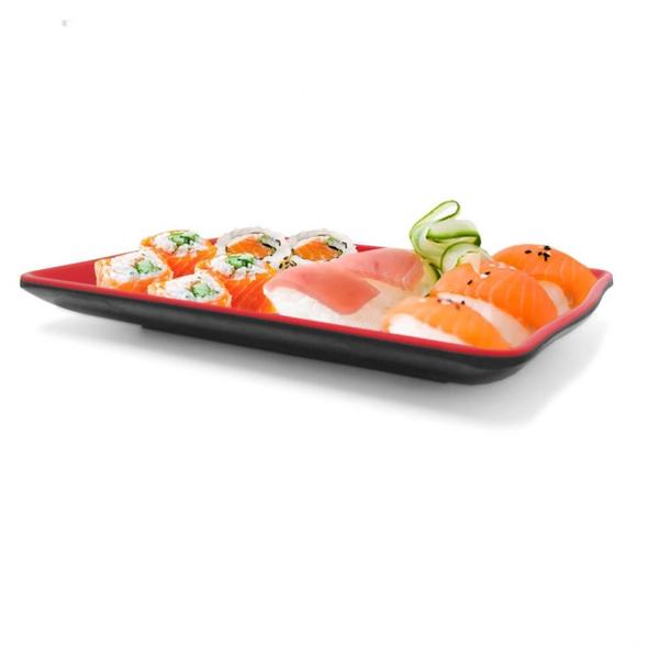 Imagem de Kit 5 Pratos em Melamina Retangular 21x13 Cm Vermelho para Petiscos e Sushis  Fuxing 