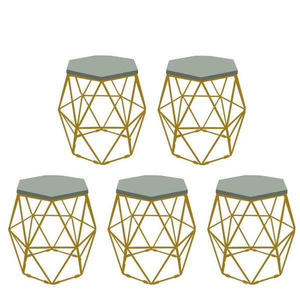 Imagem de Kit 5 Puff Banqueta Luna Decorativo Sala Quarto Ferro Dourado Assento MDF Verde Oliva - Ahazzo Móveis