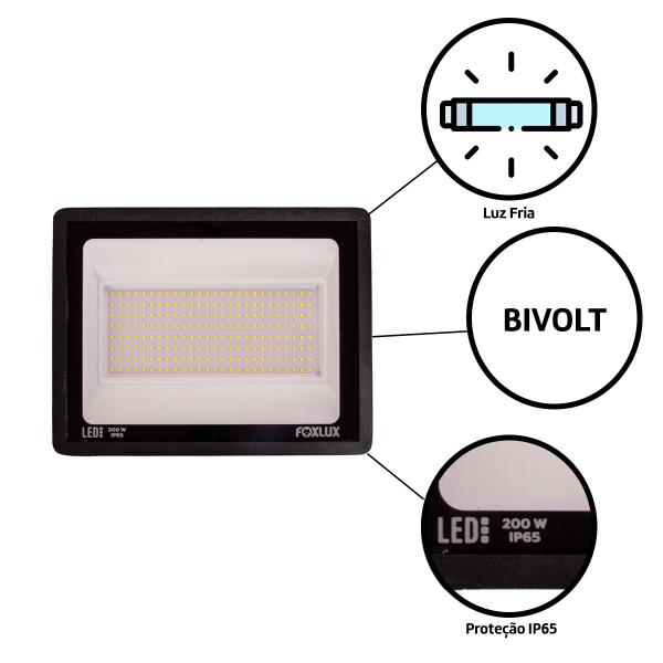 Imagem de Kit 5 Refletor LED 200W Bivolt Luz Branca IP65 Foxlux