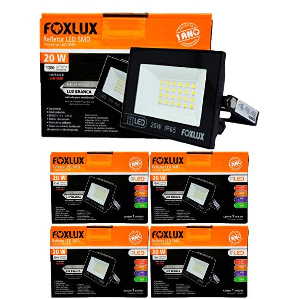 Imagem de Kit 5 Refletor Led 20W 6500K  Preto Bivolt Foxlux