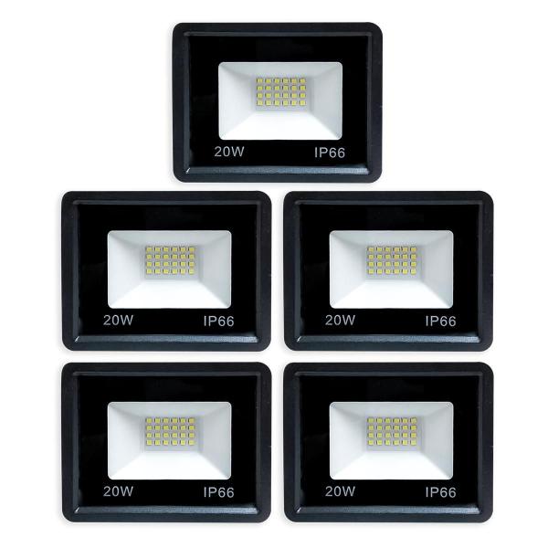 Imagem de Kit 5 Refletores Led Slim/Fino Alumínio Preto 20W Branco