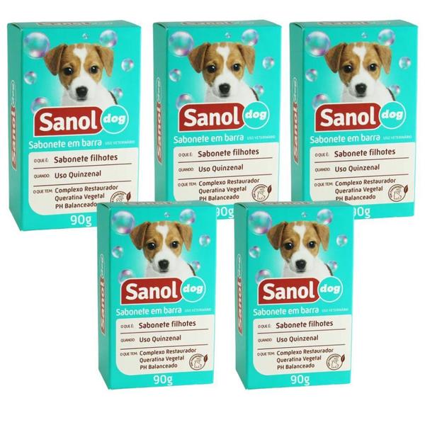 Imagem de Kit 5 Sabonetes em Barra Filhotes Cães e Gatos Sanol Dog 90G