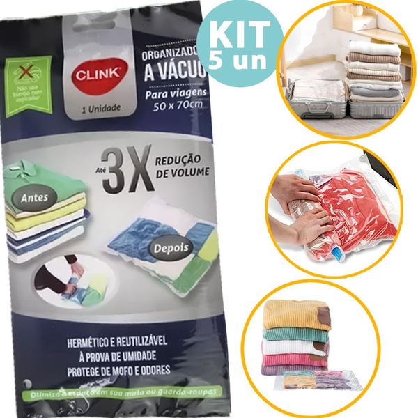 Imagem de Kit 5 Saco À Vácuo Embalagem Organizador 50x70cm Guarda Roupas Viagem