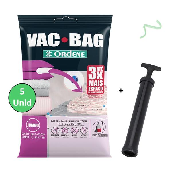 Imagem de Kit 5 Saco A Vacuo Jumbo 110x100cm Vac Bag Mala+ Bomba Ordene